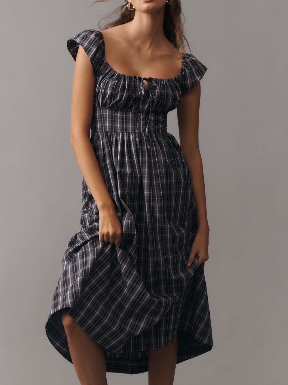 100% Cotton Navy Plaid Midi Dress